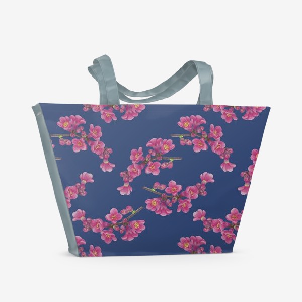 Пляжная сумка «Цветы айвы на темно синем фоне»