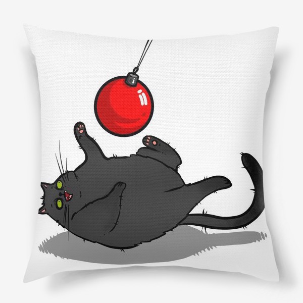 Подушка «Чёрный кот играет с новогодним шариком »