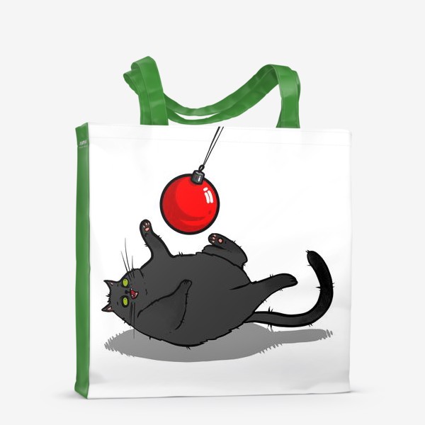 Сумка-шоппер «Чёрный кот играет с новогодним шариком »