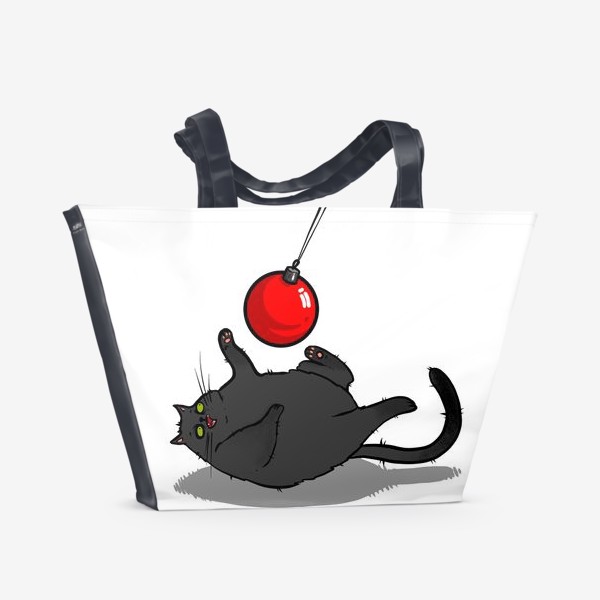 Пляжная сумка «Чёрный кот играет с новогодним шариком »