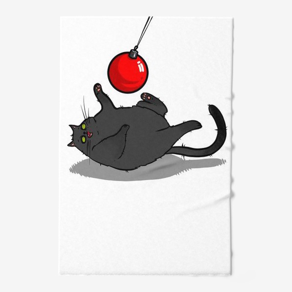 Полотенце &laquo;Чёрный кот играет с новогодним шариком &raquo;