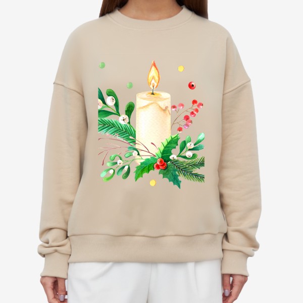 Свитшот «Снегирь, свеча и рождественский цветок.»