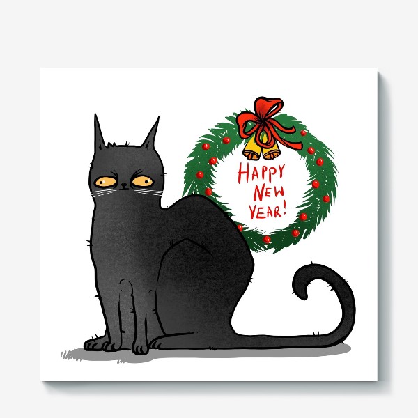 Холст &laquo;Чёрный кот с рождественским венком &raquo;