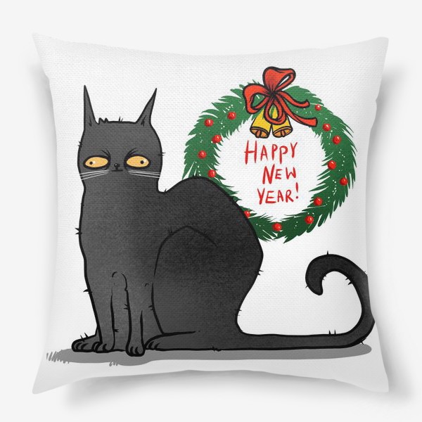 Подушка «Чёрный кот с рождественским венком »