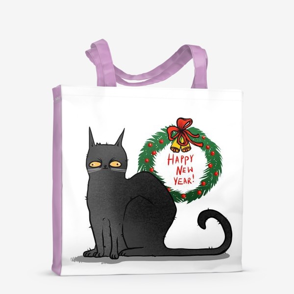 Сумка-шоппер «Чёрный кот с рождественским венком »