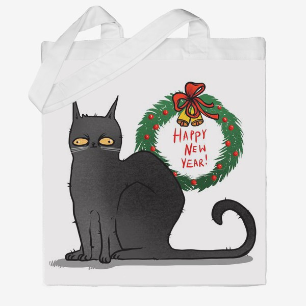 Сумка хб «Чёрный кот с рождественским венком »
