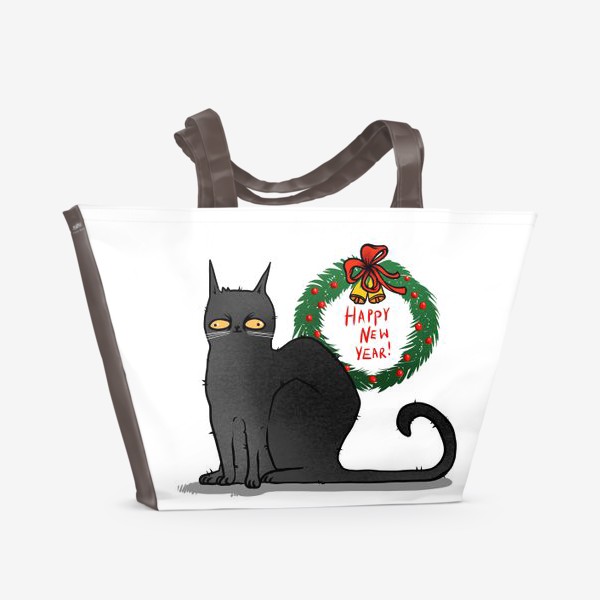 Пляжная сумка «Чёрный кот с рождественским венком »