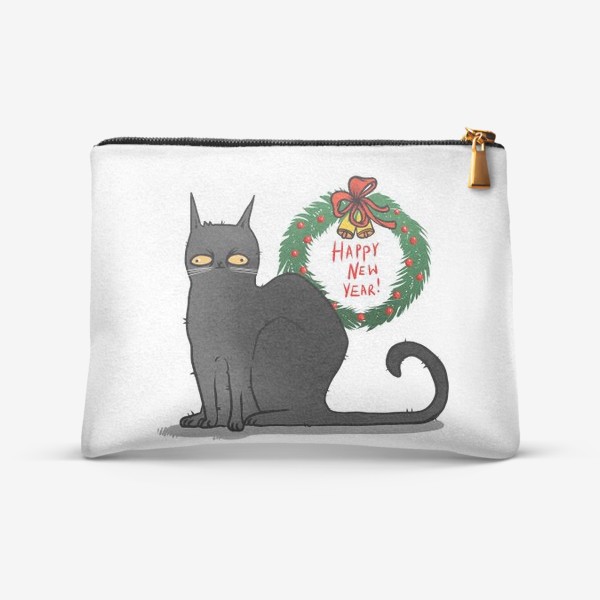 Косметичка «Чёрный кот с рождественским венком »