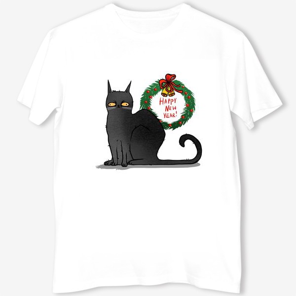 Футболка «Чёрный кот с рождественским венком »