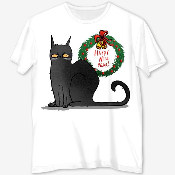 Футболка с полной запечаткой &laquo;Чёрный кот с рождественским венком &raquo;