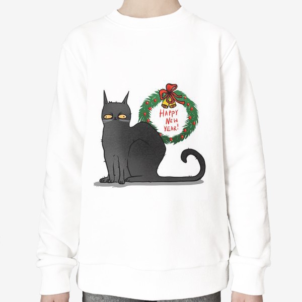 Свитшот «Чёрный кот с рождественским венком »
