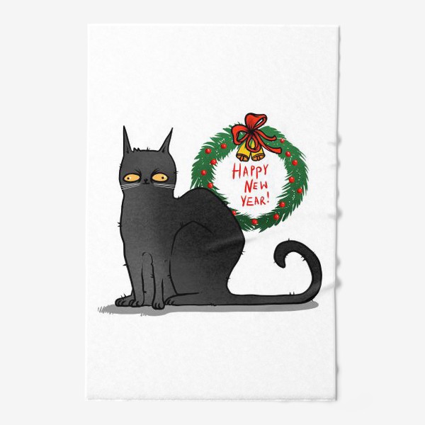 Полотенце «Чёрный кот с рождественским венком »