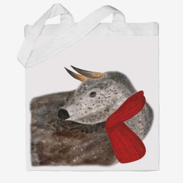 Сумка хб «Новогодний пятнистый бык в красном шарфе»