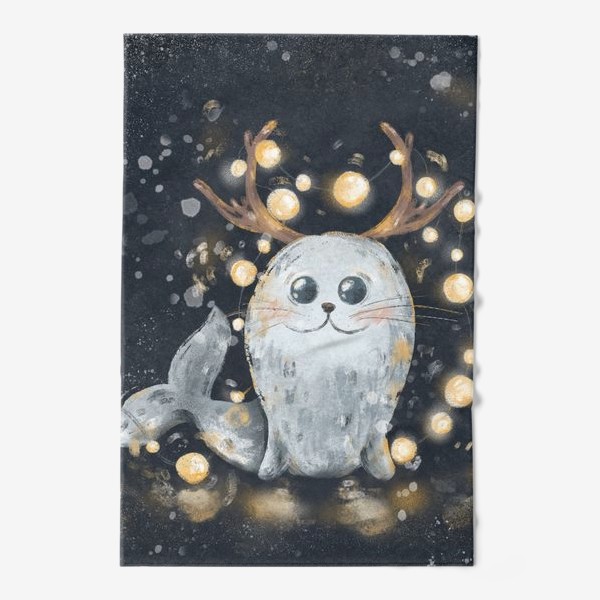 Полотенце «Новогодний милый тюлень с рогами и гирляндой»