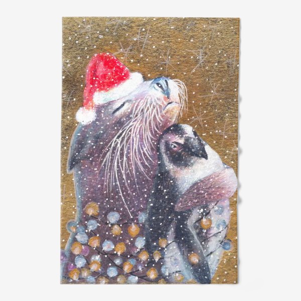 Полотенце «Вместе встретим Новый год! Морской котик ,пингвин»