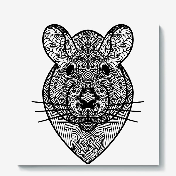 Холст «Узорчатая голова мышки или хомяка . Рисунок крысы с этническим орнаментом. Узор в стиле  дудлинг на мордочке животного»