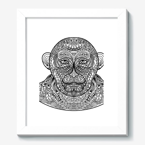 Картина «Узорчатая голова обезьяны. Рисунок мартышки с этническим орнаментом. Узор в стиле  дудлинг на морде животного»
