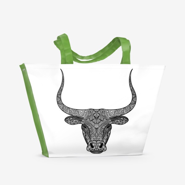 Пляжная сумка «Бык длиннорогий. Голова быка с узором в стиле зенарт или дудлинг. Черно-белый принт.»