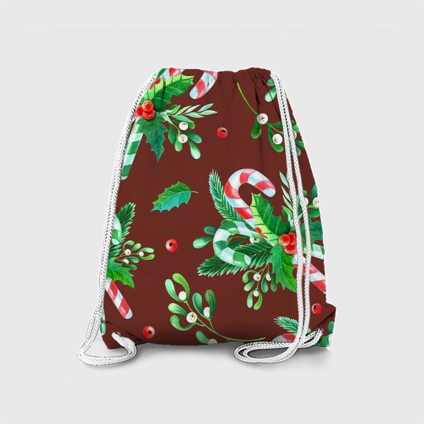 Рюкзак «Новогодний узор с конфетами и веточками на коричневом фоне»