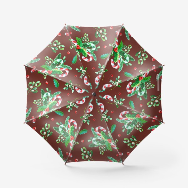 Зонт «Новогодний узор с конфетами и веточками на коричневом фоне»