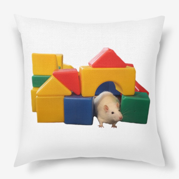 Подушка «Белая крыса в домике из игрушек кубиков»