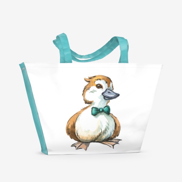 Пляжная сумка «Утка маленькая с зеленым бантом акварель»