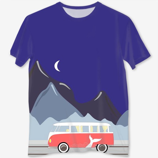 Футболка с полной запечаткой «Ретро автобус на дороге, горы и луна»