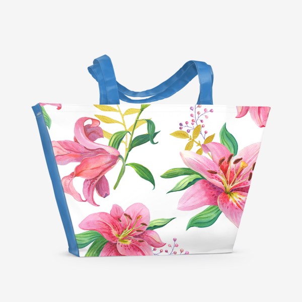 Пляжная сумка «Узор с розовыми лилиями и золотой веточкой»