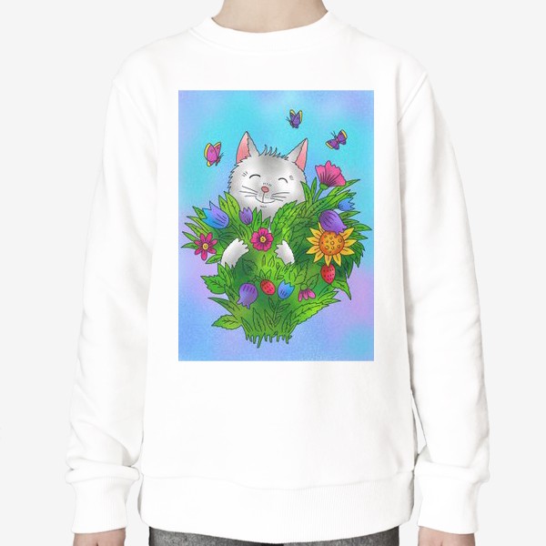 Свитшот «Белый котик и цветы»