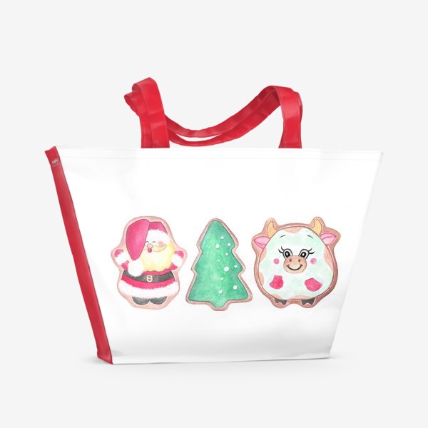 Пляжная сумка «Новогодний принт. Дед Мороз, Елочка, Бычок»