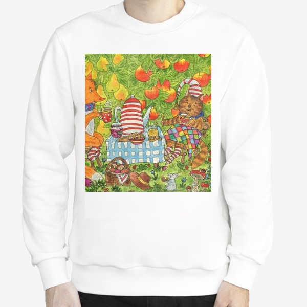 Свитшот «Уютное чаепитие котика и лисенка в саду»