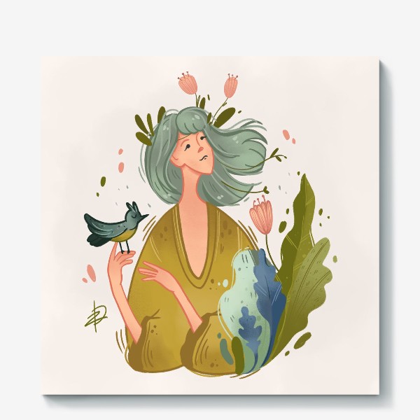 Холст &laquo;Девушка-весна с бирюзовыми волосами, цветами и птичкой&raquo;
