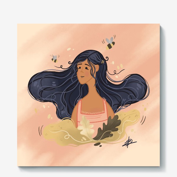 Холст «Девушка с длинными черными волосами, листьями и пчелками»