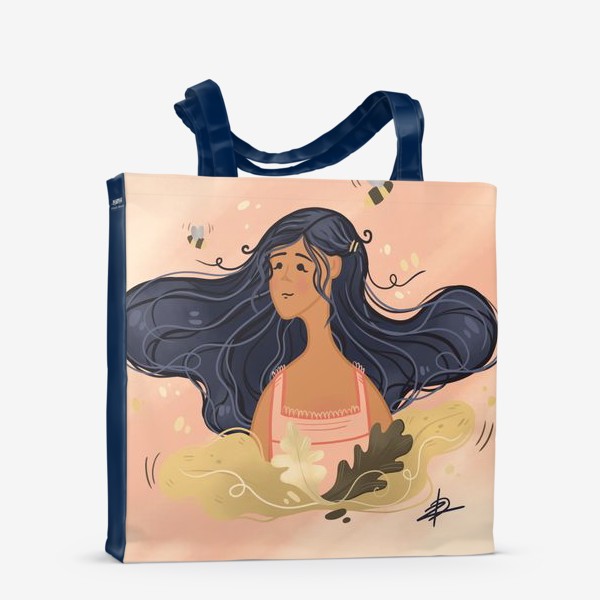 Сумка-шоппер «Девушка с длинными черными волосами, листьями и пчелками»
