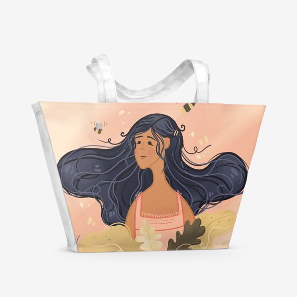 Пляжная сумка «Девушка с длинными черными волосами, листьями и пчелками»