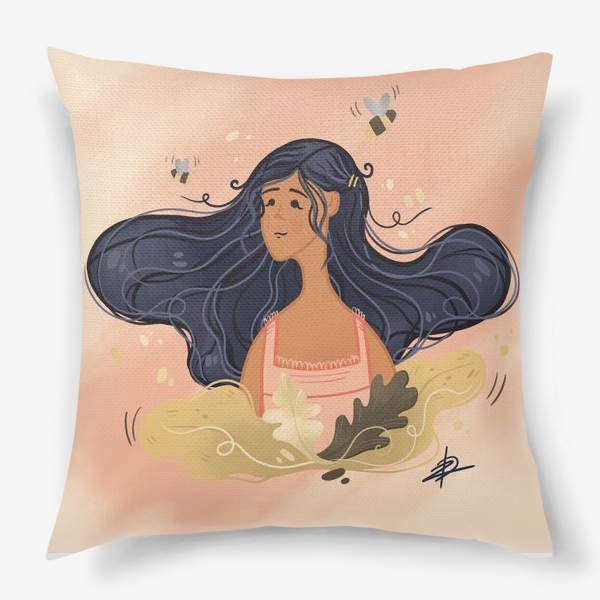 Подушка «Девушка с длинными черными волосами, листьями и пчелками»