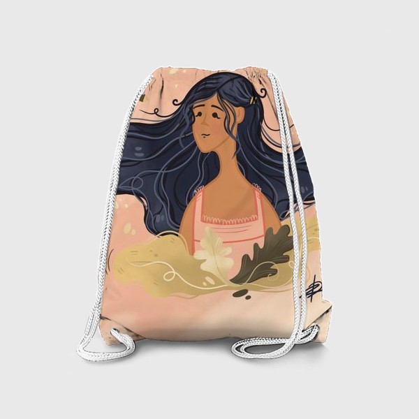 Рюкзак «Девушка с длинными черными волосами, листьями и пчелками»