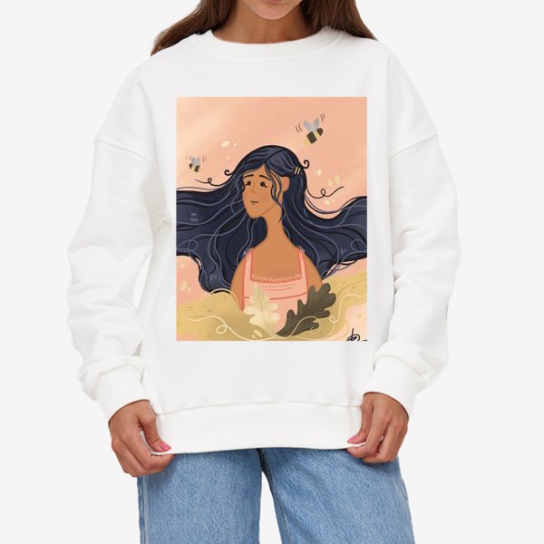Свитшот «Девушка с длинными черными волосами, листьями и пчелками»