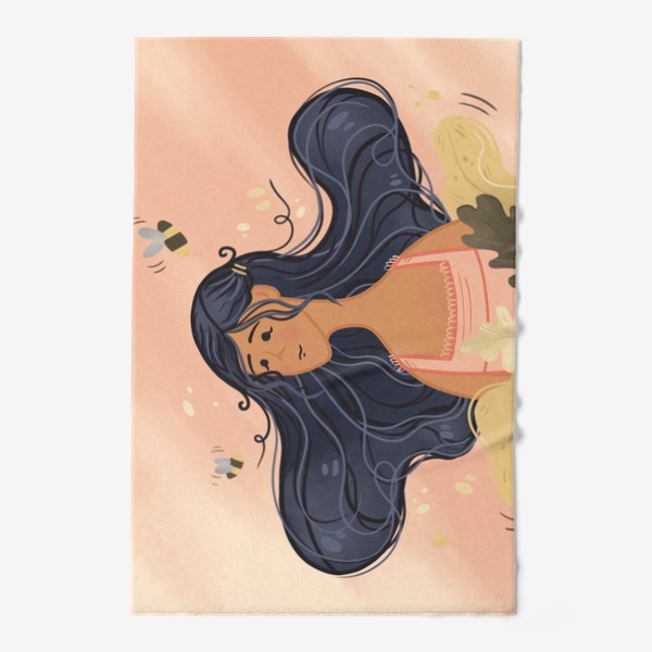 Полотенце «Девушка с длинными черными волосами, листьями и пчелками»