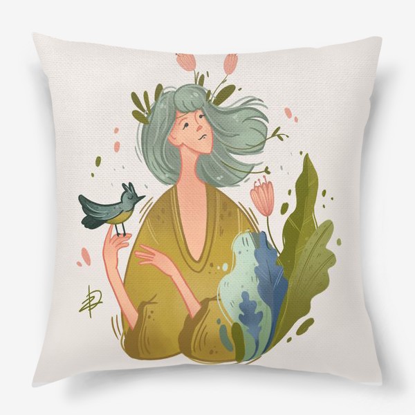 Подушка «Девушка-весна с бирюзовыми волосами, цветами и птичкой»