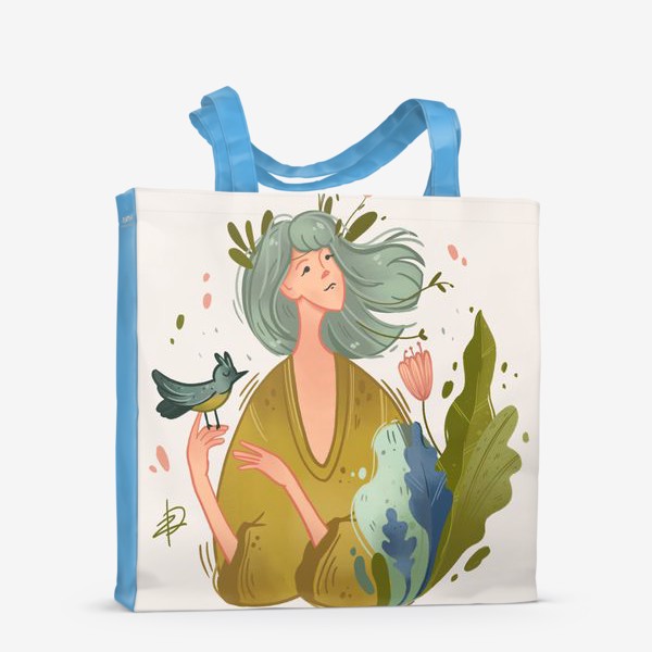 Сумка-шоппер «Девушка-весна с бирюзовыми волосами, цветами и птичкой»