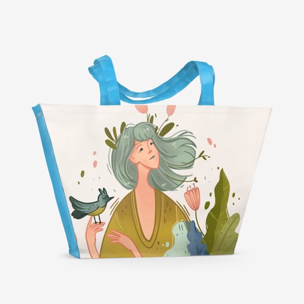 Пляжная сумка «Девушка-весна с бирюзовыми волосами, цветами и птичкой»