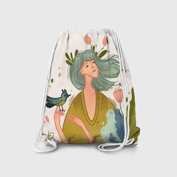 Рюкзак «Девушка-весна с бирюзовыми волосами, цветами и птичкой»