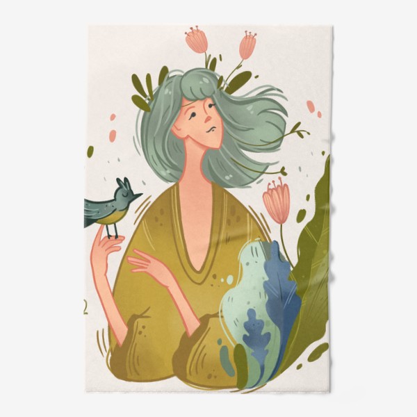 Полотенце «Девушка-весна с бирюзовыми волосами, цветами и птичкой»