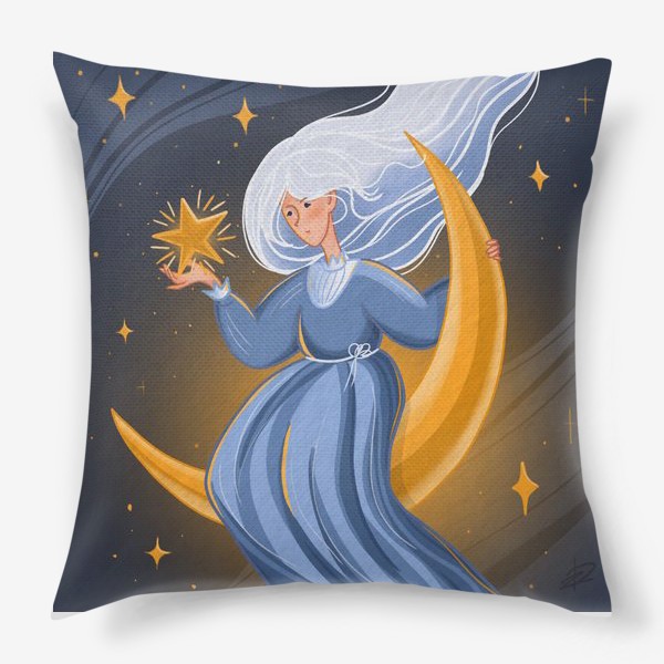 Подушка «Девушка сидит на месяце, держит звезду в космосе»