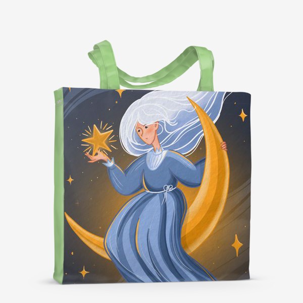 Сумка-шоппер «Девушка сидит на месяце, держит звезду в космосе»