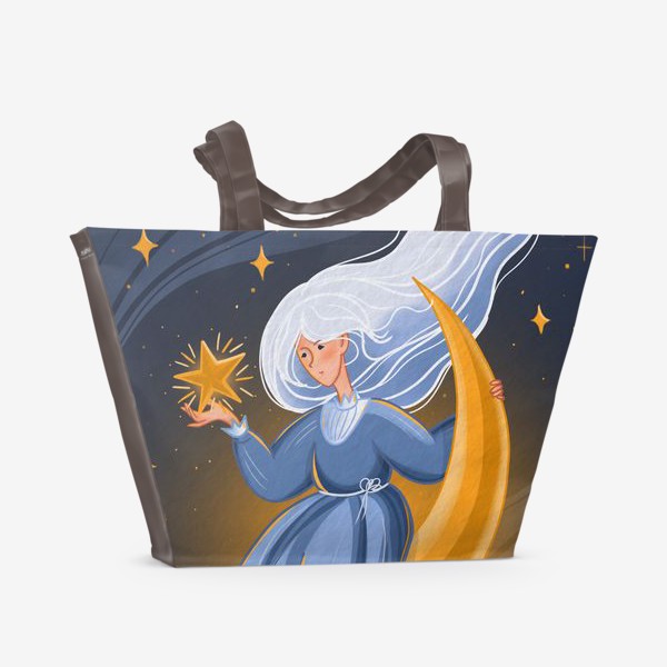 Пляжная сумка «Девушка сидит на месяце, держит звезду в космосе»