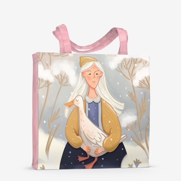 Сумка-шоппер «девушка в зимнем лесу с длинными белыми волосами и гусем»