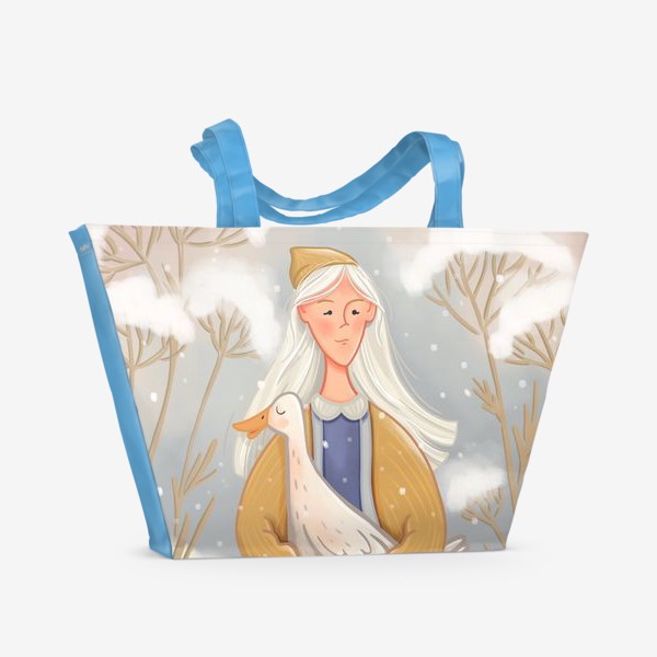 Пляжная сумка «девушка в зимнем лесу с длинными белыми волосами и гусем»