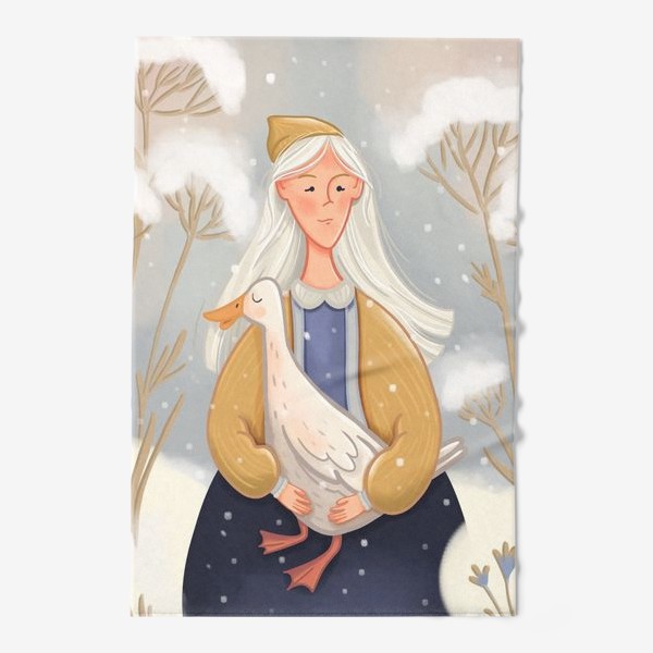 Полотенце «девушка в зимнем лесу с длинными белыми волосами и гусем»